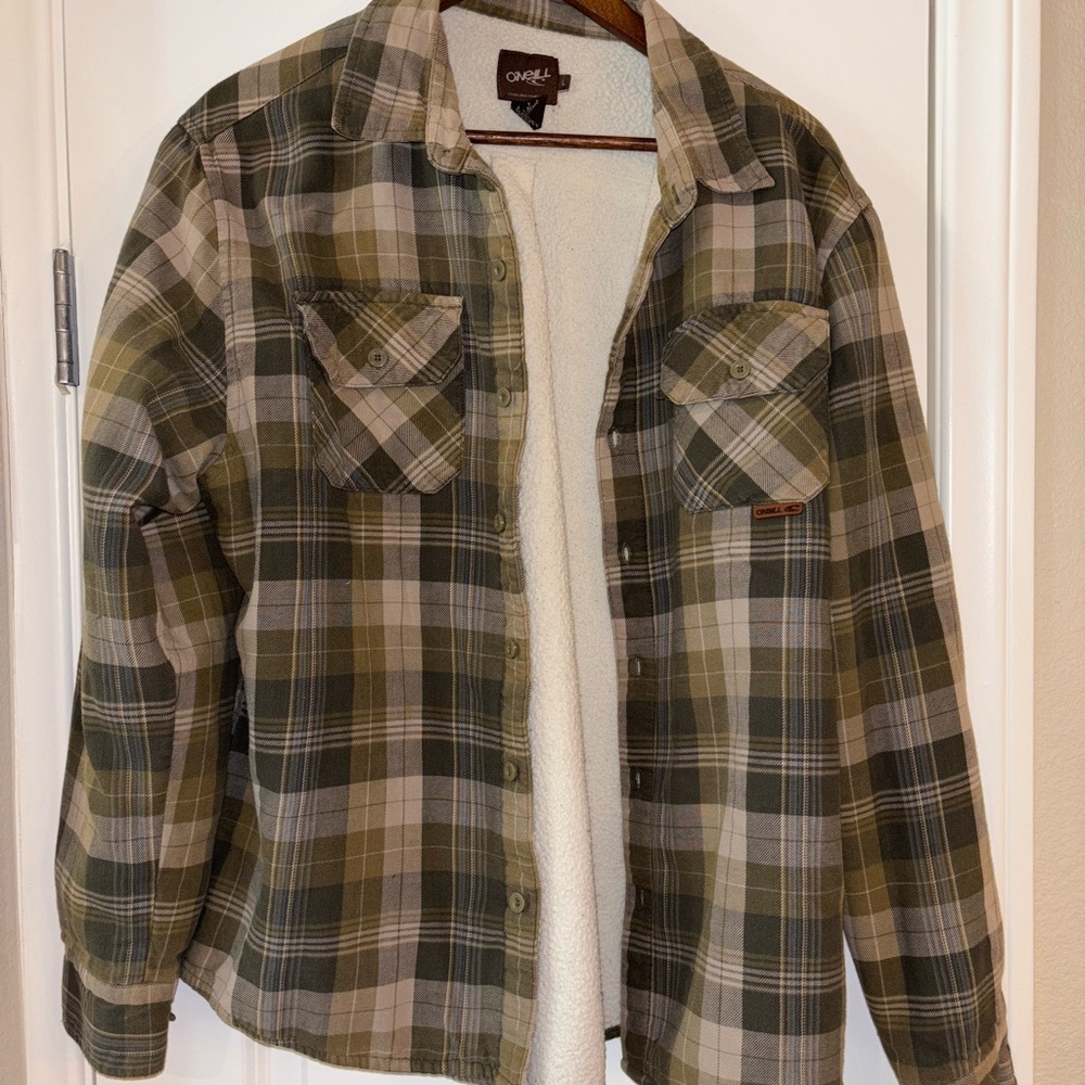 Y2K Vintage Rugged Outdoorsy Cabincore Green Flannel Sherpa Lined Shirt Jacket